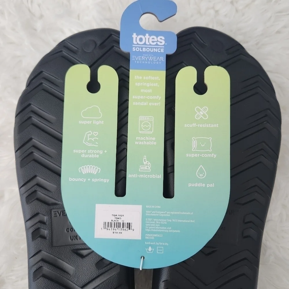Totes Boost Your Mood. Bounce Toe Post Mens Sandals. Black. Size 12. New.